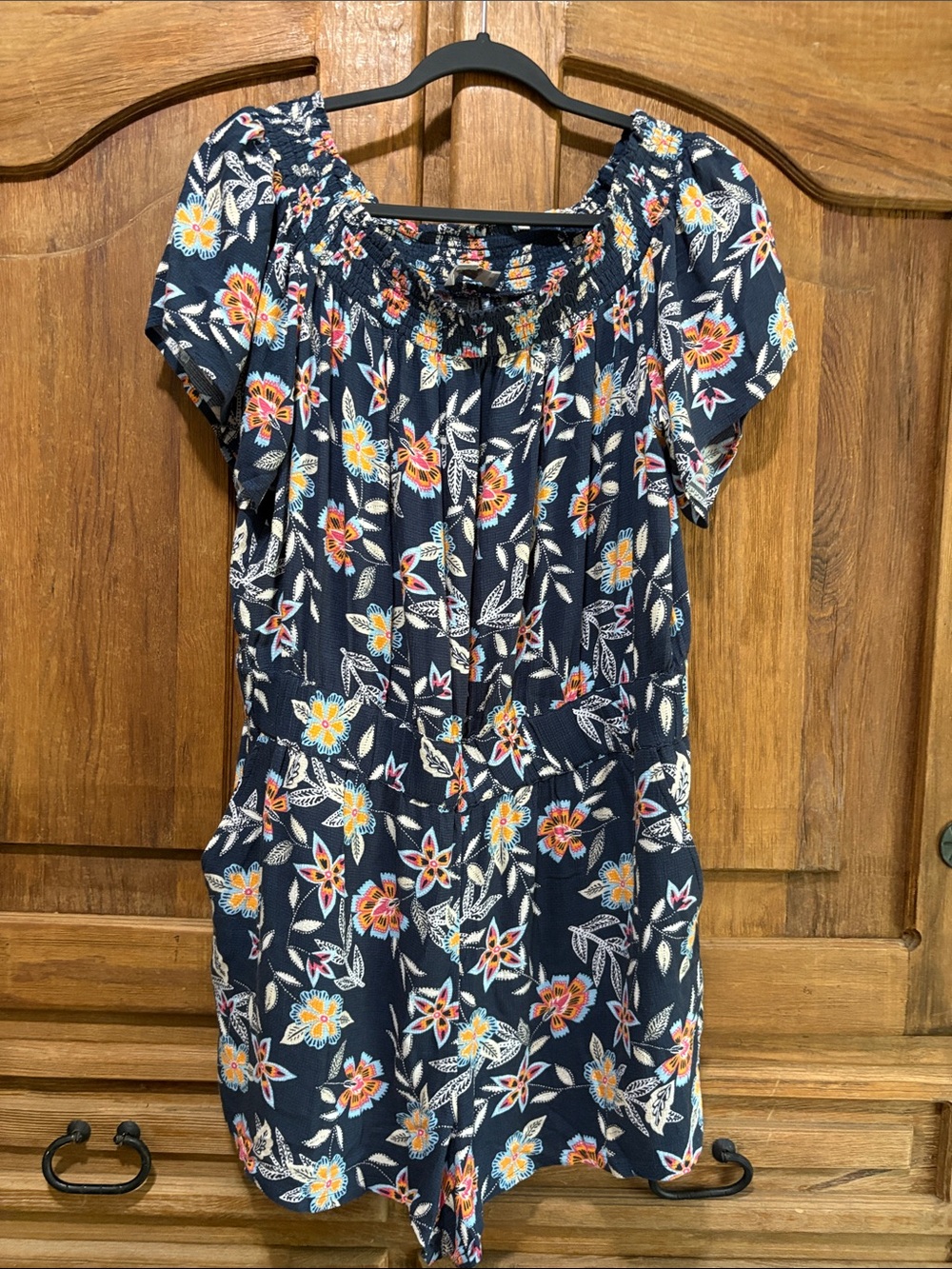 LOFT Navy Floral Short-Sleeve Romper with Tie Neck